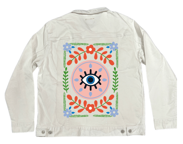 GUARDED by HEND SHEHATA, printed on denim jackets and other denim products: tote bags, throw pillows, table place mats, aprons