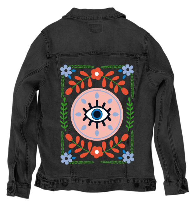 GUARDED by HEND SHEHATA, printed on denim jackets and other denim products: tote bags, throw pillows, table place mats, aprons