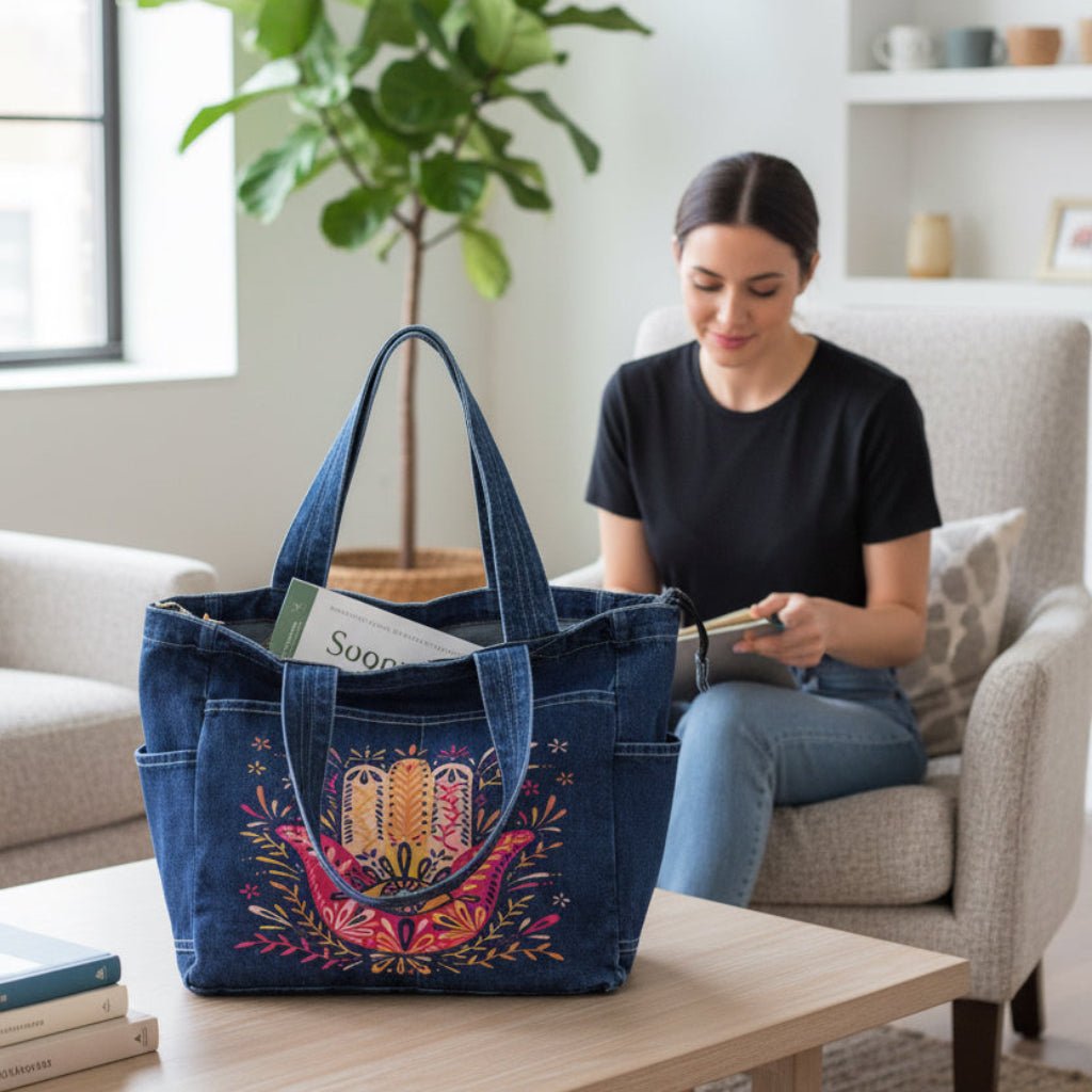 Woman sitting on a couch with a blue denim bag on a coffee table. hamsa-hand-by-CatCoq-denim-tote-bag-lifestyle-shot
