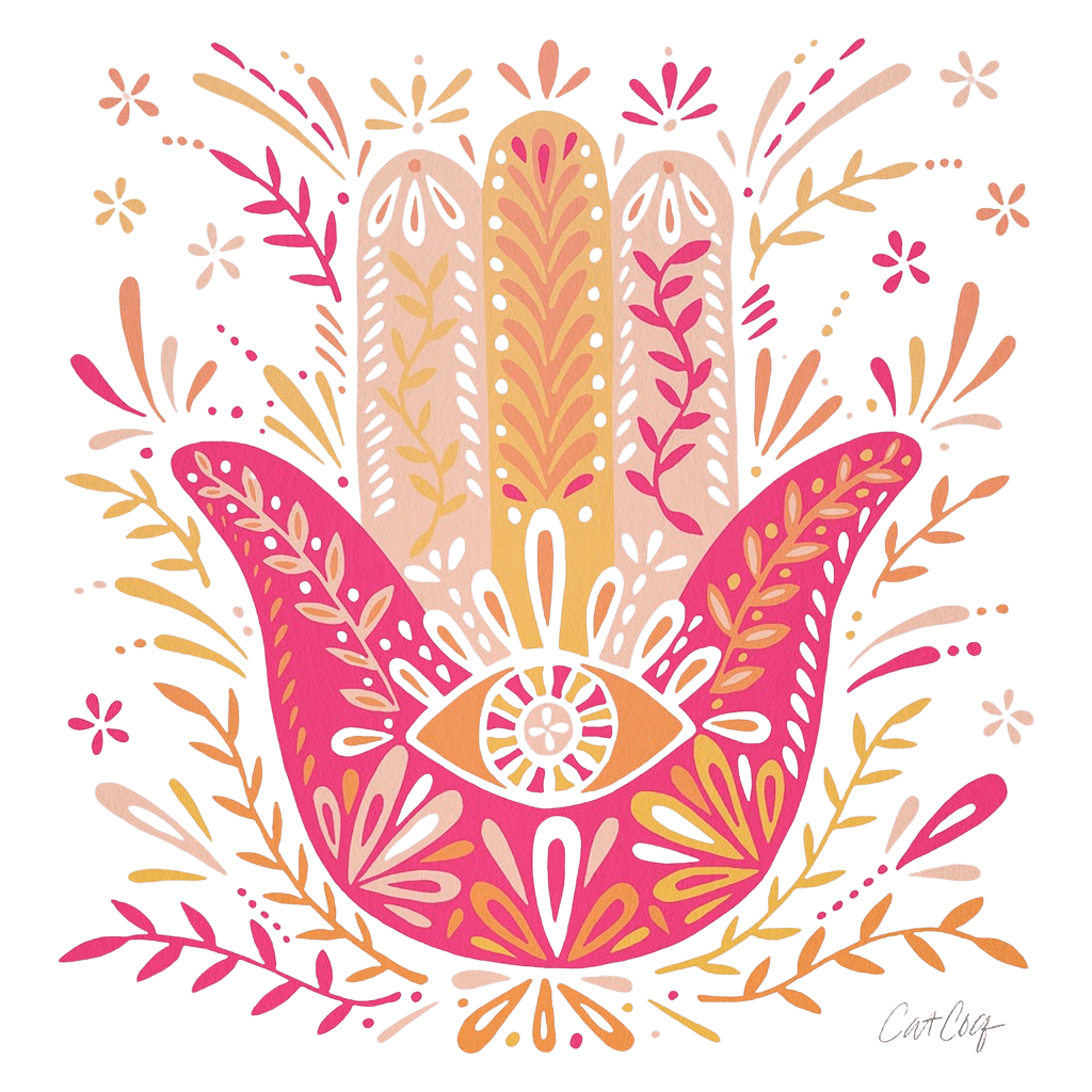 illustration of a stylized hamsa hand filled with ornate botanical details & bright layered patterns. the design features a warm gradient of pink, gold, & coral tones with delicate lines forming branches, leaves, flowers & an eye at the center of the palm. the overall shape is symmetrical, with organic flourishes extending outward from each finger. set against a transparent background, the design is signed “CatCoq” at lower right.