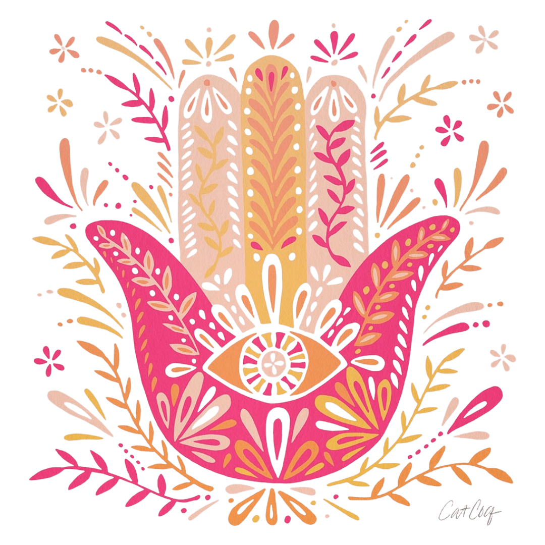 illustration of a stylized hamsa hand filled with ornate botanical details & bright layered patterns. the design features a warm gradient of pink, gold, & coral tones with delicate lines forming branches, leaves, flowers & an eye at the center of the palm. the overall shape is symmetrical, with organic flourishes extending outward from each finger. set against a transparent background, the design is signed “CatCoq” at lower right.