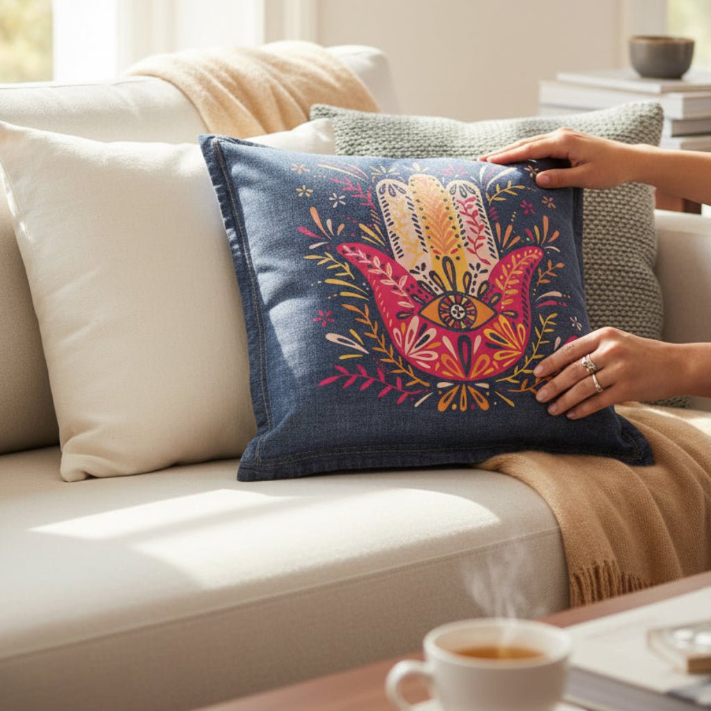 Person holding a colorful embroidered pillow on a couch with a cup of coffee on a table. hamsa-hand-catcoq-denim-throw-pillow-lifestyle-shot