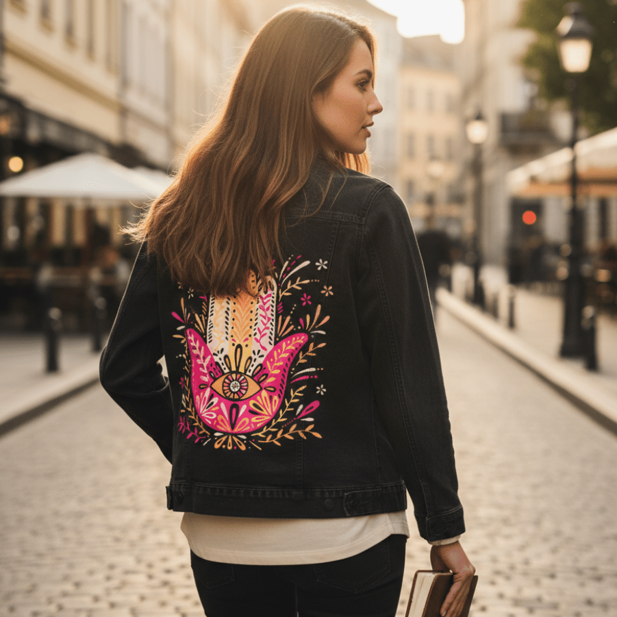 ear view of a model walking along a cobblestone street at golden hour, wearing a black denim jacket printed with the “Hamsa Hand” artwork by CatCoq. the design features a vibrant hamsa hand in coral, blush & gold tones, filled with floral stems, branches & an eye at the center. the model holds a closed book at their side. light reflects softly off the surrounding buildings, cafés & cobblestones. printed by DenimINK.