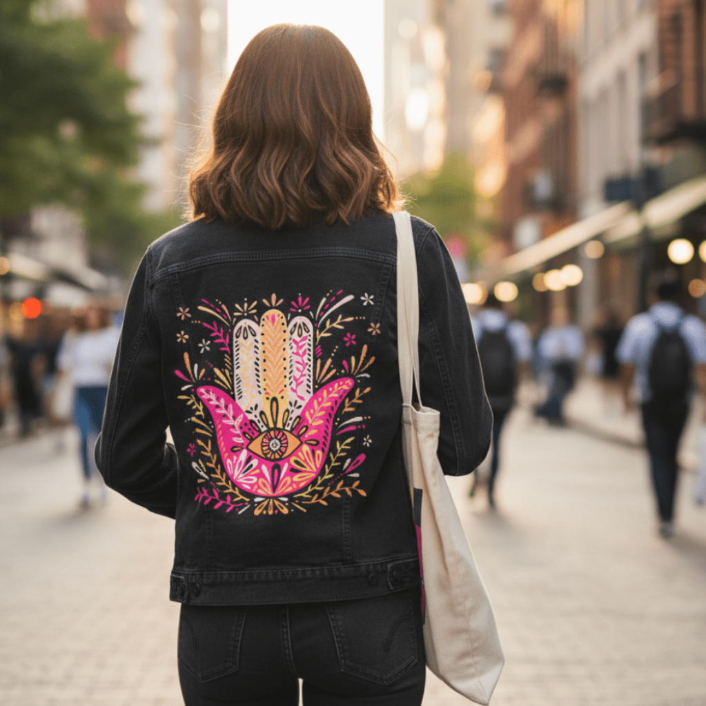 back view of a model walking through a pedestrian-only urban shopping street, wearing a black denim jacket printed with the “Hamsa Hand” by CatCoq. the design includes a large symmetrical hand filled with intricate floral details in gold, blush, & magenta tones, with a centered eye motif. the model carries a cream canvas tote bag over one shoulder. soft sunset light filters through the buildings, with people walking in the distance. printed by DenimINK.