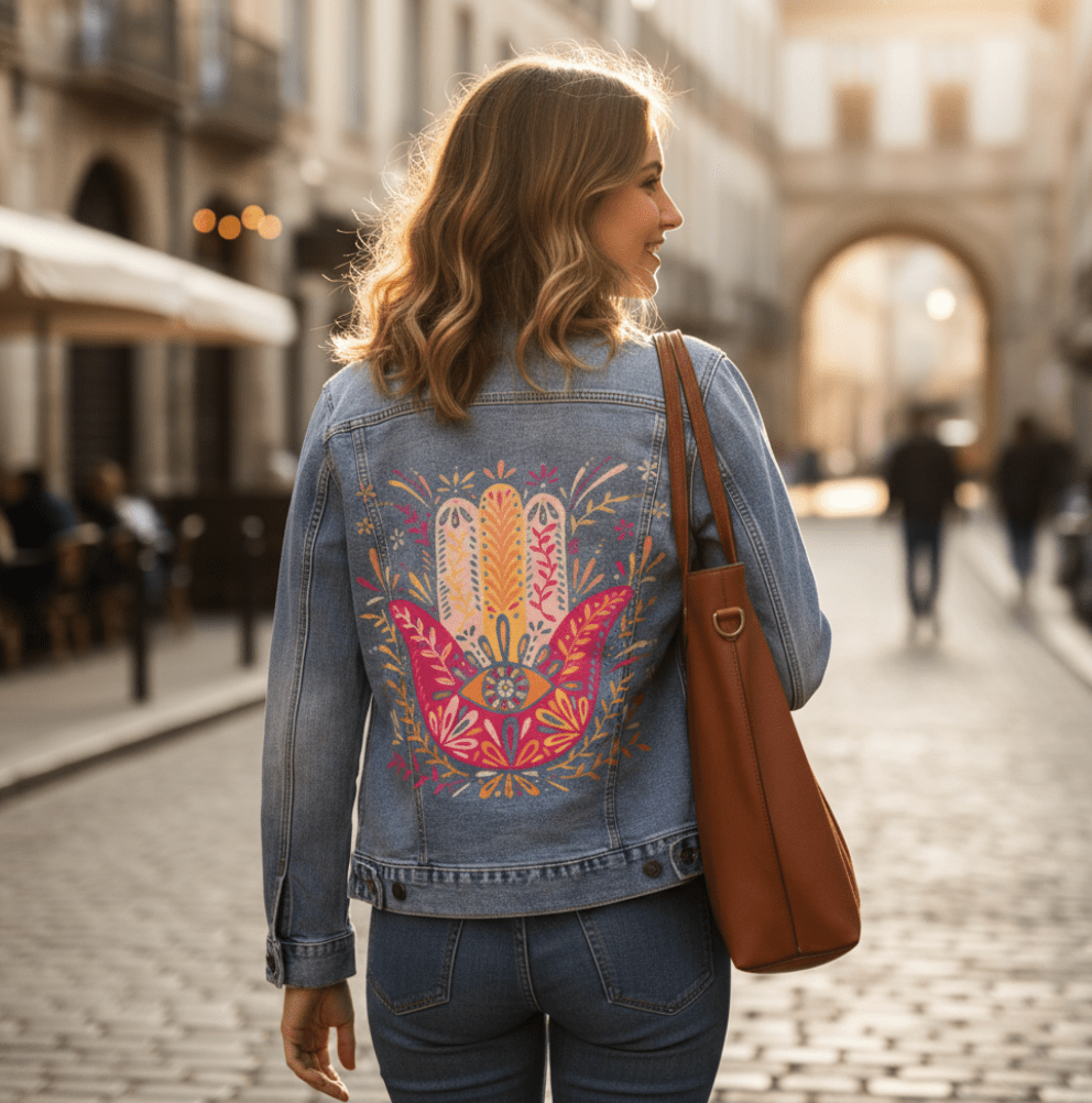 rear view of a model walking through a historic European-style city street in soft afternoon light, wearing a stonewashed denim jacket printed with the “Hamsa Hand” by CatCoq. the design includes a bright floral hamsa hand in gold, coral, & pink tones with a centered eye. the model carries a structured brown leather tote over one shoulder. café umbrellas, arches & buildings line the background. printed by DenimINK.