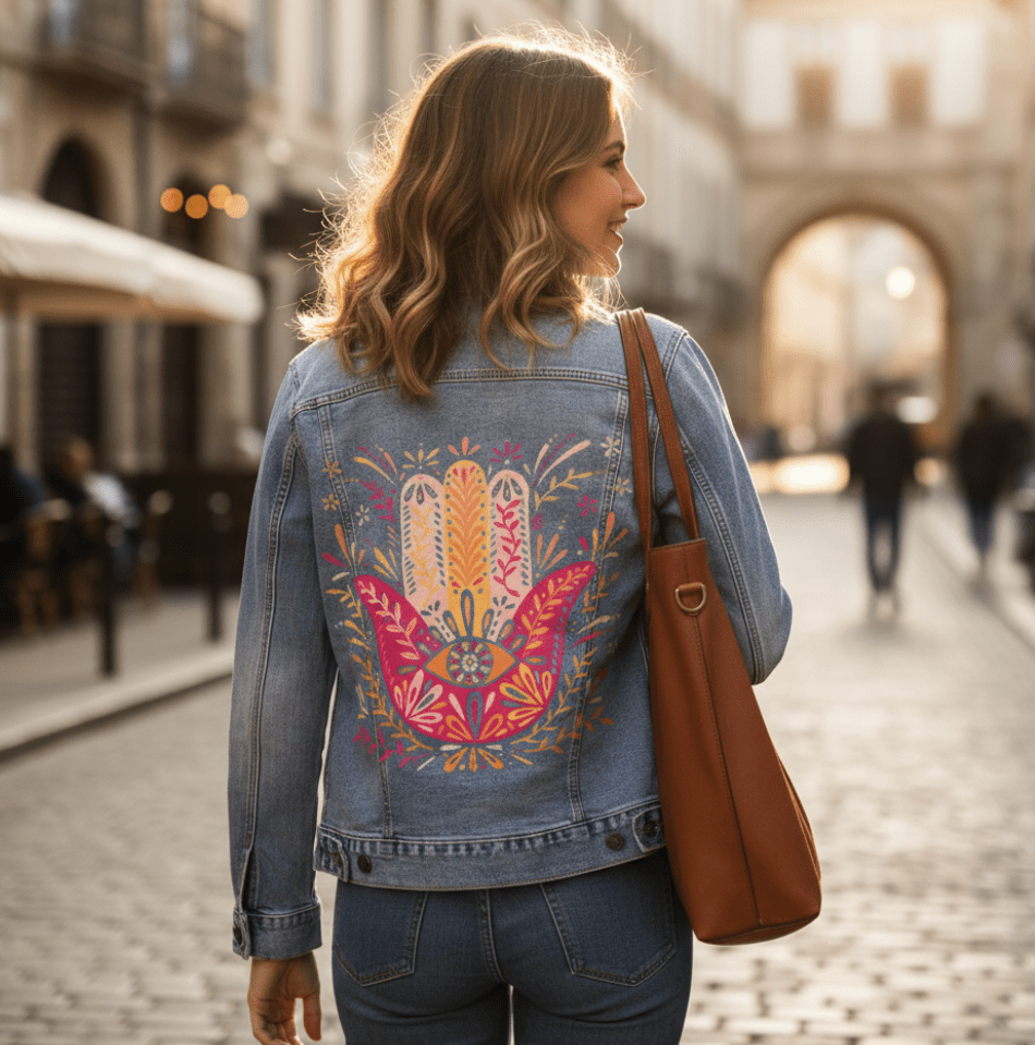rear view of a model walking through a historic European-style city street in soft afternoon light, wearing a stonewashed denim jacket printed with the “Hamsa Hand” by CatCoq. the design includes a bright floral hamsa hand in gold, coral, & pink tones with a centered eye. the model carries a structured brown leather tote over one shoulder. café umbrellas, arches & buildings line the background. printed by DenimINK.