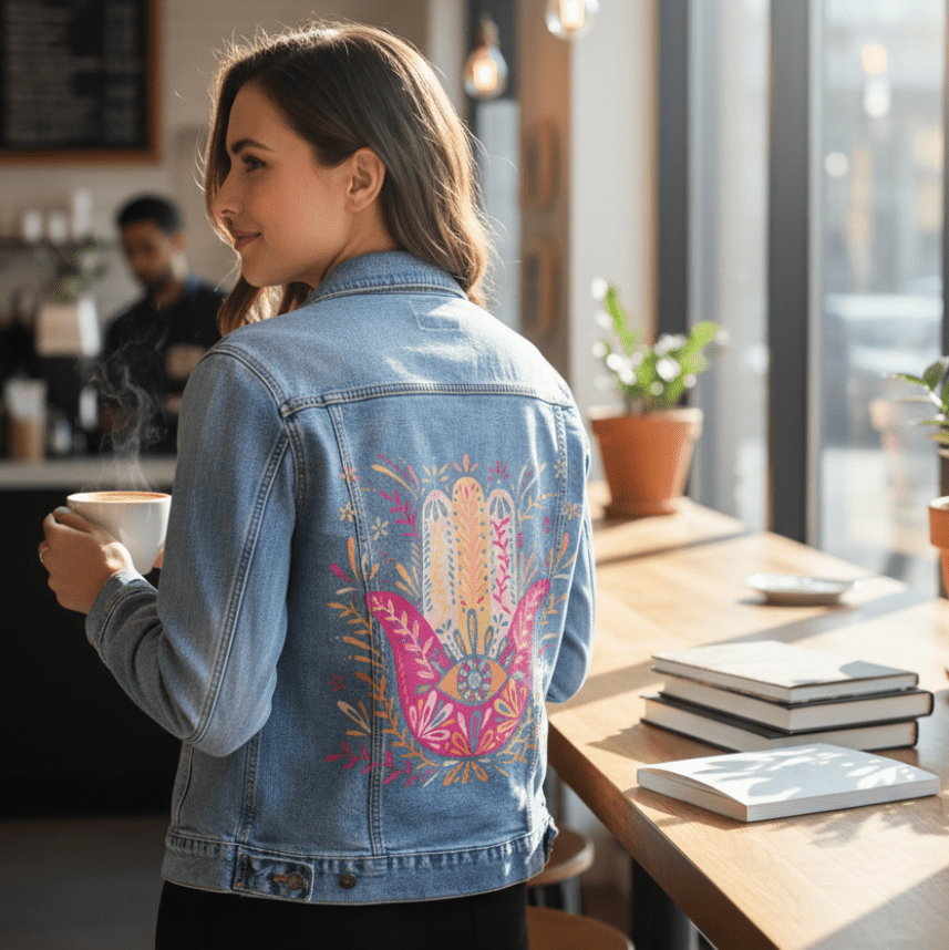 three-quarter rear view of a model seated at a sunlit café window holding a steaming mug, wearing a light stonewashed denim jacket featuring the “Hamsa Hand” artwork by CatCoq. the colorful symmetrical design includes floral detailing in coral, pink, mustard & gold. a stack of books & a ceramic saucer sit nearby on the wooden counter. morning sunlight streams through tall windows onto potted plants. artwork is digitally printed by DenimINK.