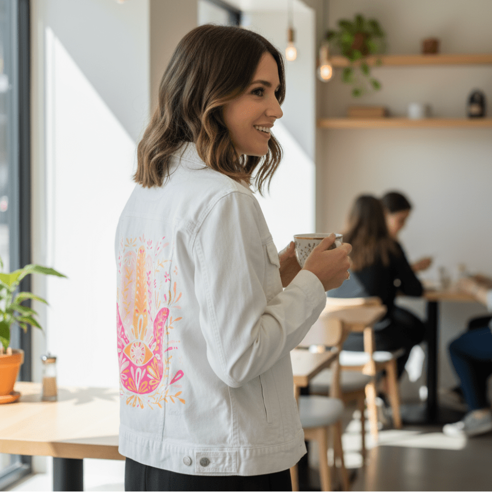 three-quarter rear view of a smiling model standing inside a bright café, holding a white ceramic mug with black decorative dots. they wear a white denim jacket featuring the “Hamsa Hand” by CatCoq, digitally printed in vibrant pink, gold & coral tones. the symmetrical hand is surrounded by botanical flourishes & a central eye. behind them, people chat at nearby tables under pendant lights. printed by DenimINK.