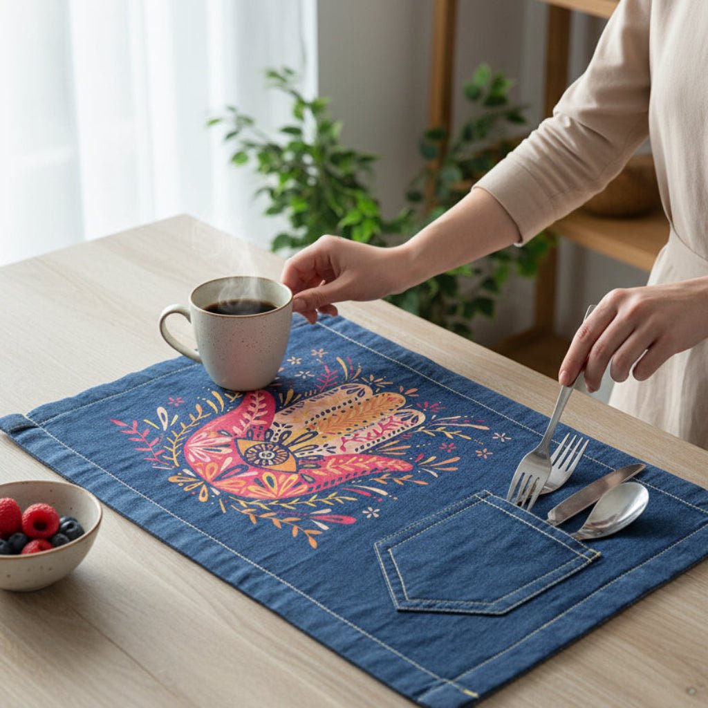 Person setting a table with a decorative blue denim placemat featuring hamsa hand by CatCoq