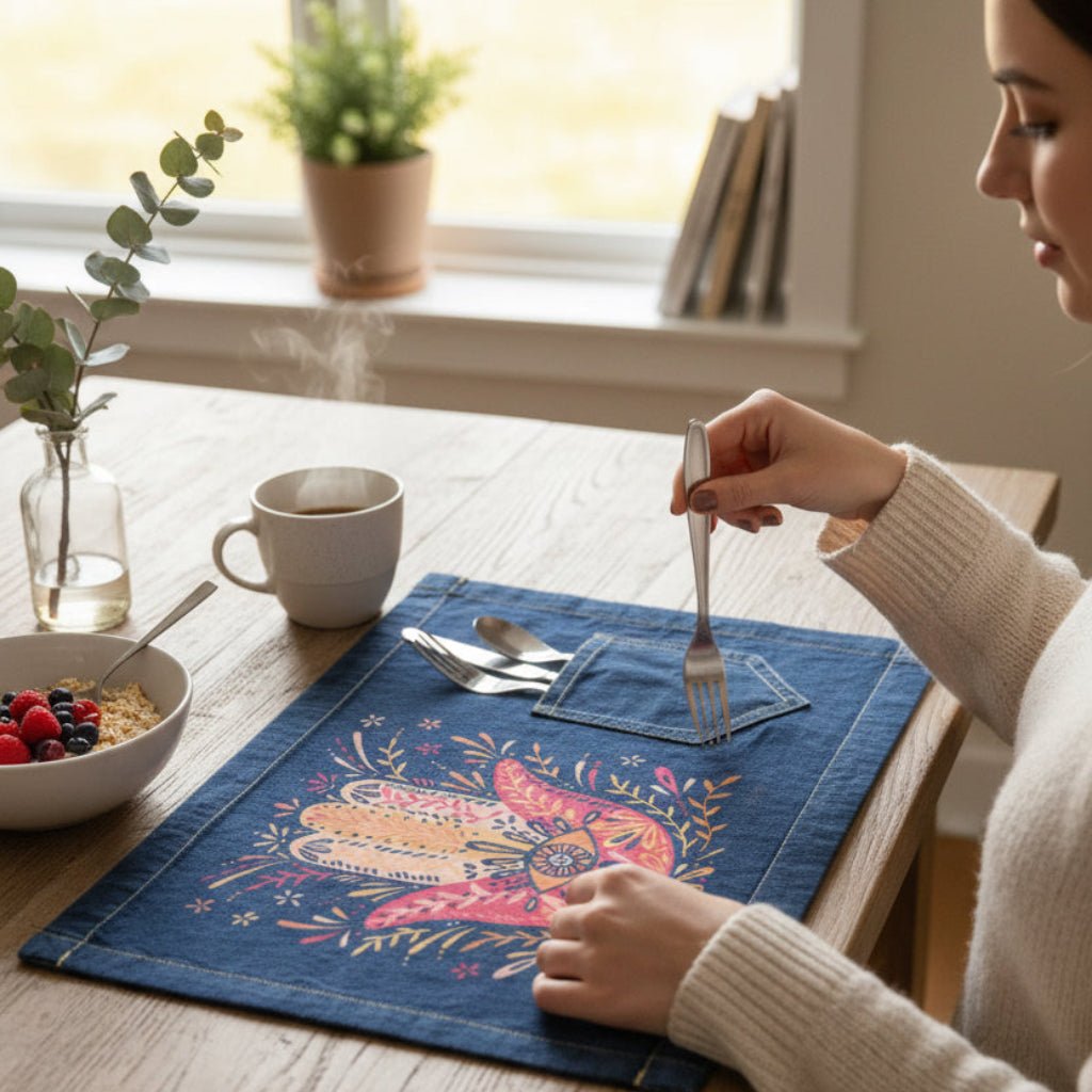 Woman sitting at a table with a decorative denim placemat, eating cereal. hamsa-hand-catcoq-table-placemat-with-utensils-lifestyle-shot