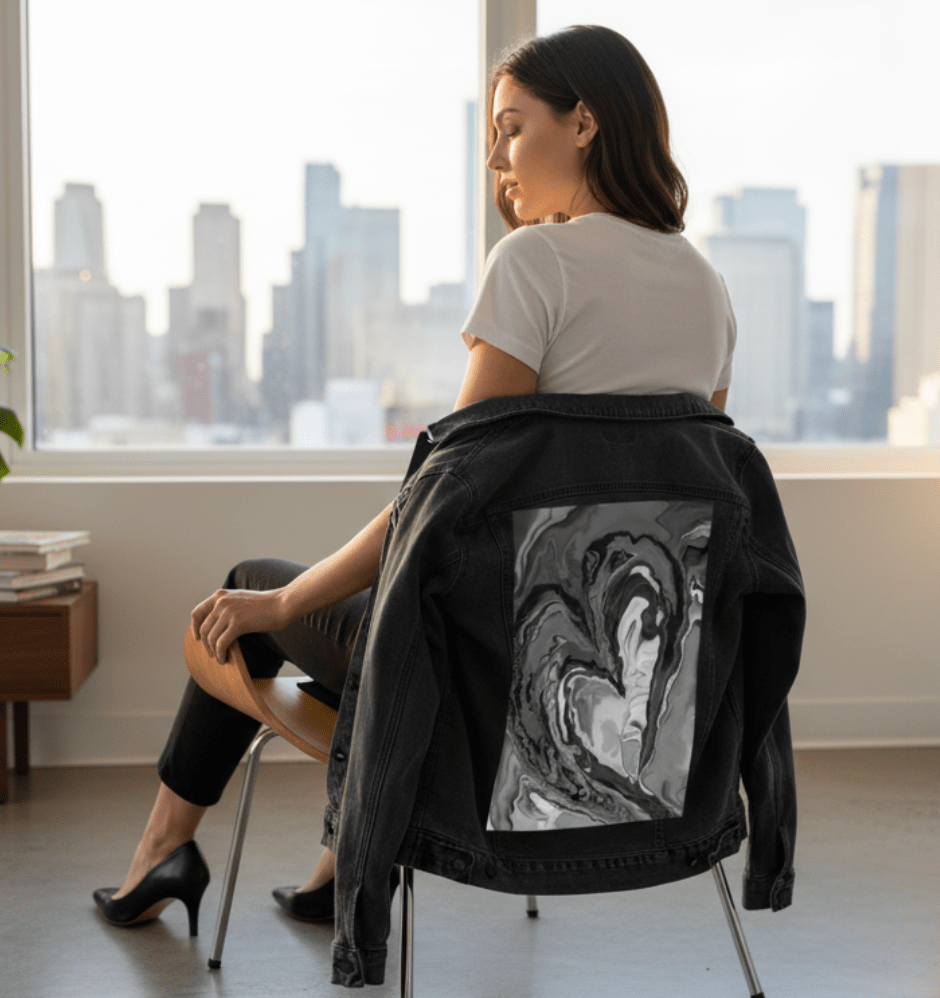 HEART MARBLE B W by RaMir DESIGNS, printed on denim jackets and other denim products: tote bags, throw pillows, table place mats, aprons