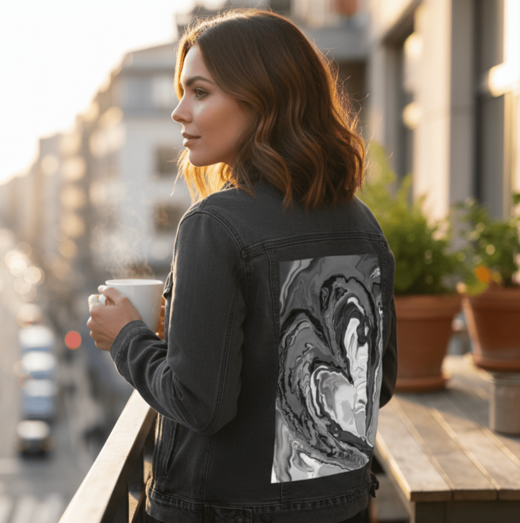 HEART MARBLE B W by RaMir DESIGNS, printed on denim jackets and other denim products: tote bags, throw pillows, table place mats, aprons