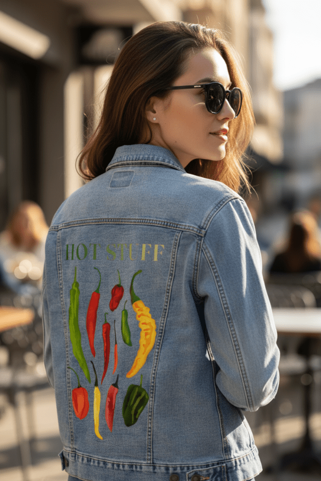HOT STUFF by thearticsoul, printed on denim jackets and other denim products: tote bags, throw pillows, table place mats, aprons