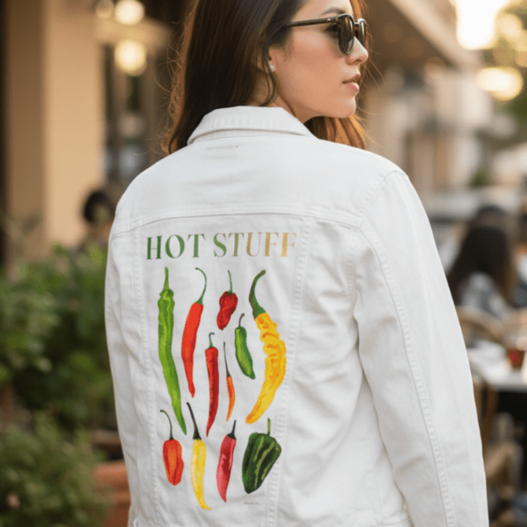 HOT STUFF by thearticsoul, printed on denim jackets and other denim products: tote bags, throw pillows, table place mats, aprons