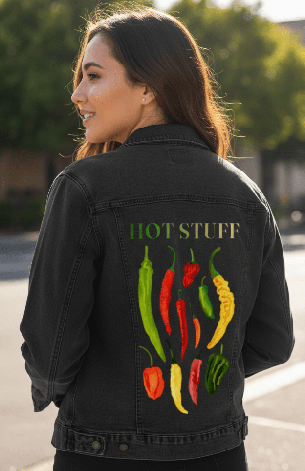 HOT STUFF by thearticsoul, printed on denim jackets and other denim products: tote bags, throw pillows, table place mats, aprons