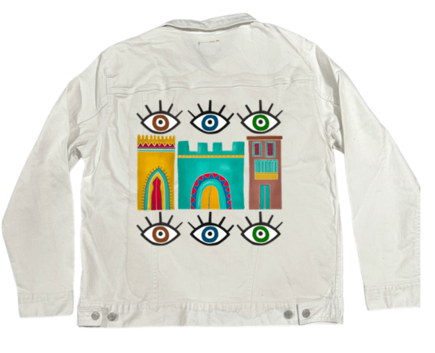 HOUSES by HEND SHEHATA, printed on denim jackets and other denim products: tote bags, throw pillows, table place mats, aprons