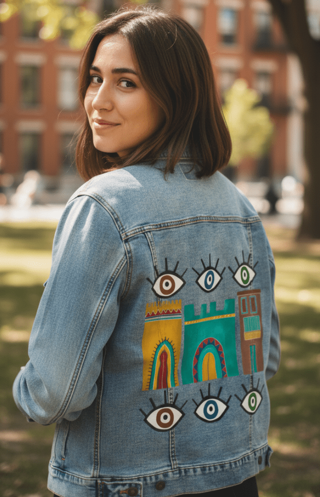 HOUSES by HEND SHEHATA, printed on denim jackets and other denim products: tote bags, throw pillows, table place mats, aprons