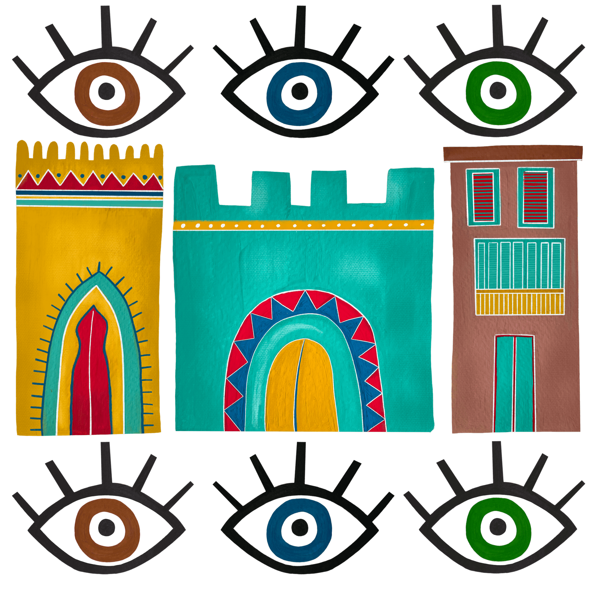 HOUSES by HEND SHEHATA, printed on denim jackets and other denim products: tote bags, throw pillows, table place mats, aprons