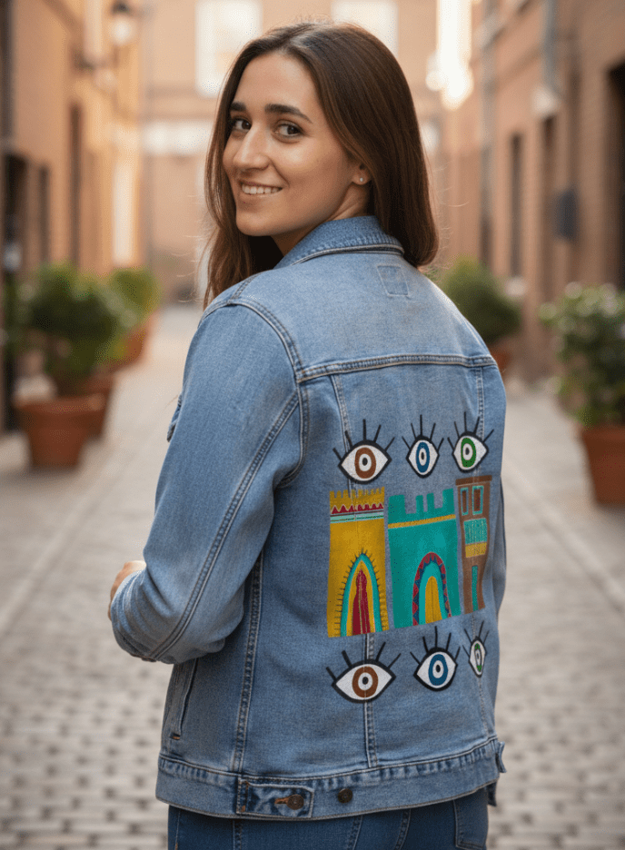 HOUSES by HEND SHEHATA, printed on denim jackets and other denim products: tote bags, throw pillows, table place mats, aprons