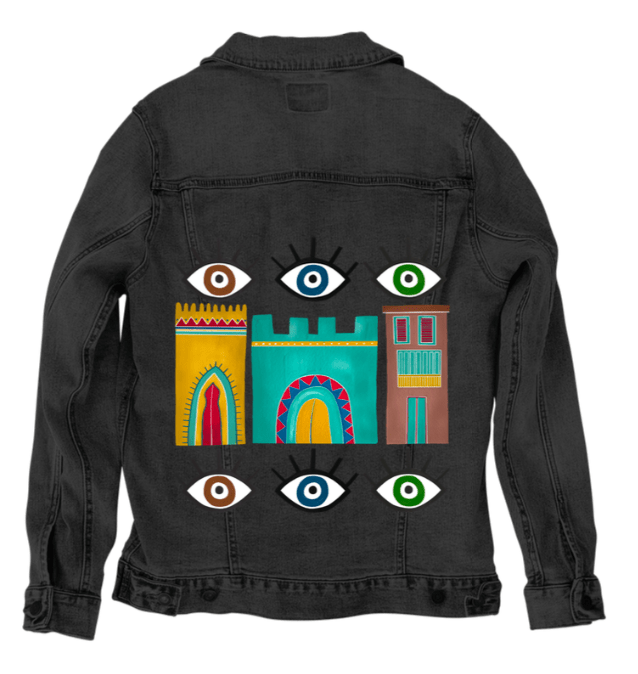 HOUSES by HEND SHEHATA, printed on denim jackets and other denim products: tote bags, throw pillows, table place mats, aprons