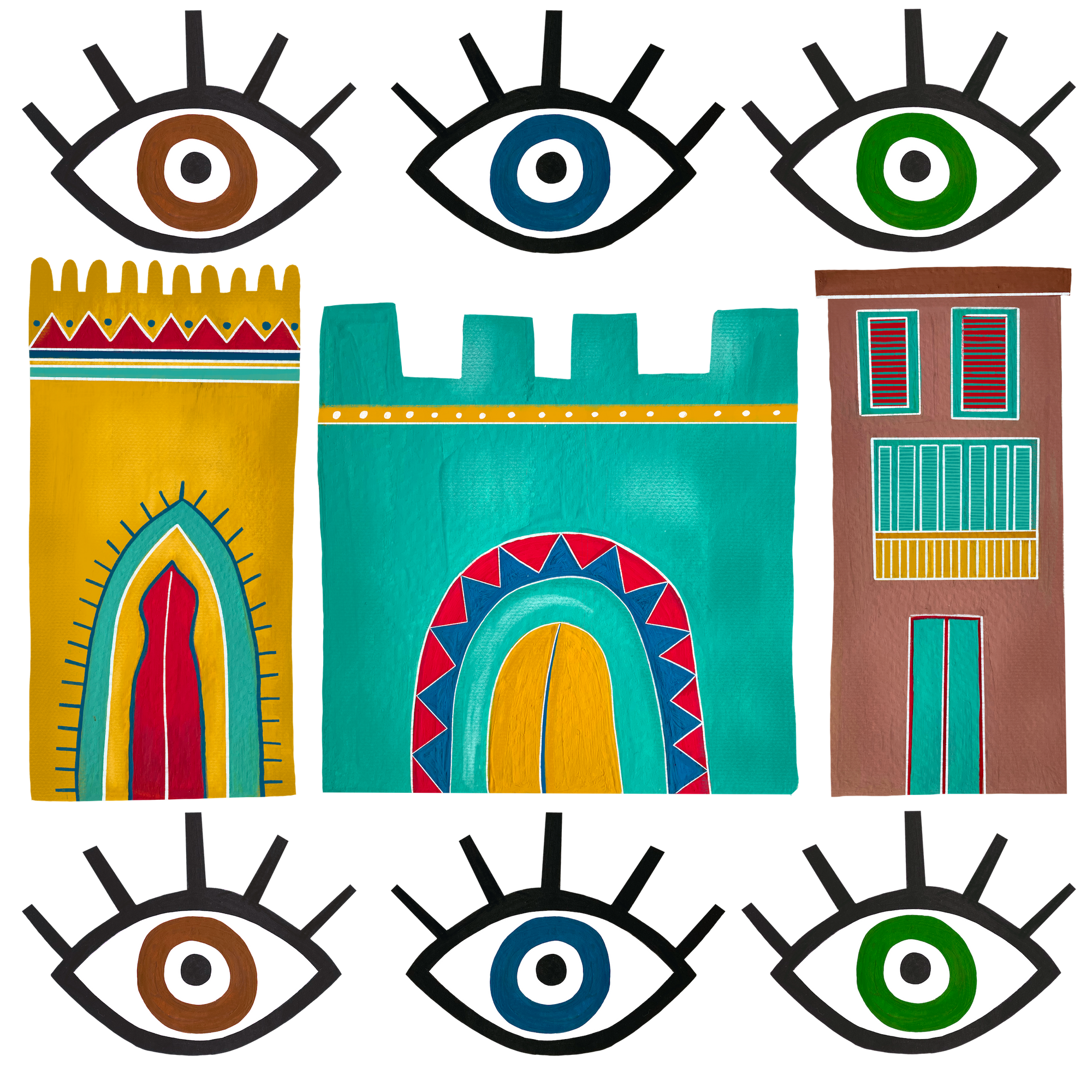 HOUSES by HEND SHEHATA, digitally printed on DENIM products: throw pillows, aprons, table place mats, and hand-made Unisex Denim Jackets in 3 color choices