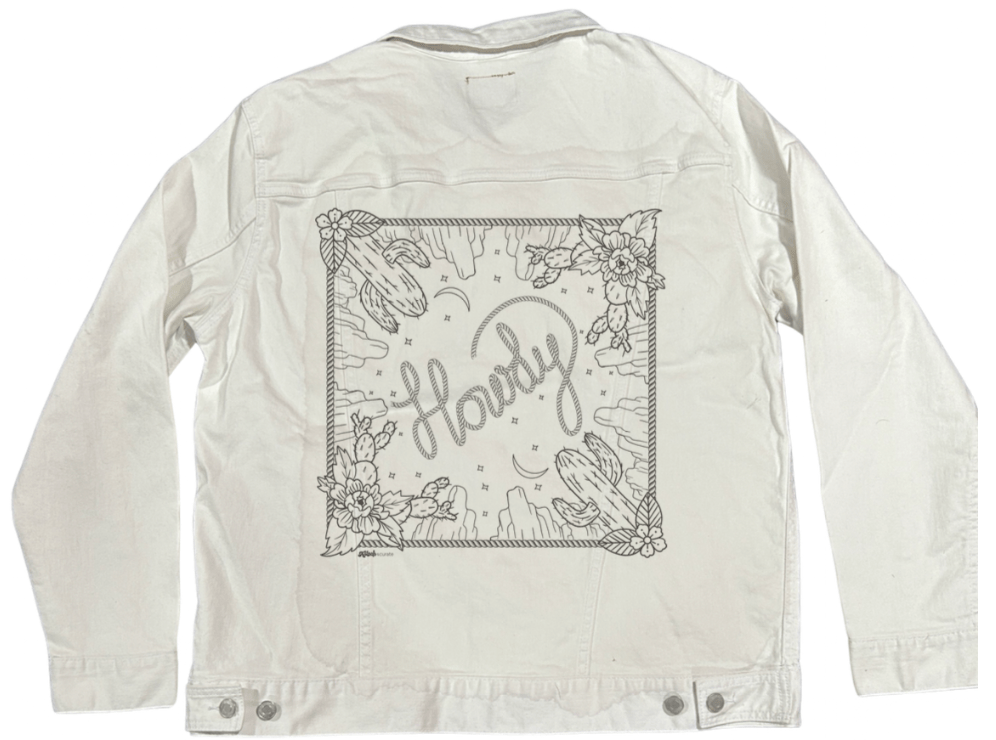 HOWDY SQUARE by KITSCH AND CURATE, printed on denim jackets and other denim products: tote bags, throw pillows, table place mats, aprons