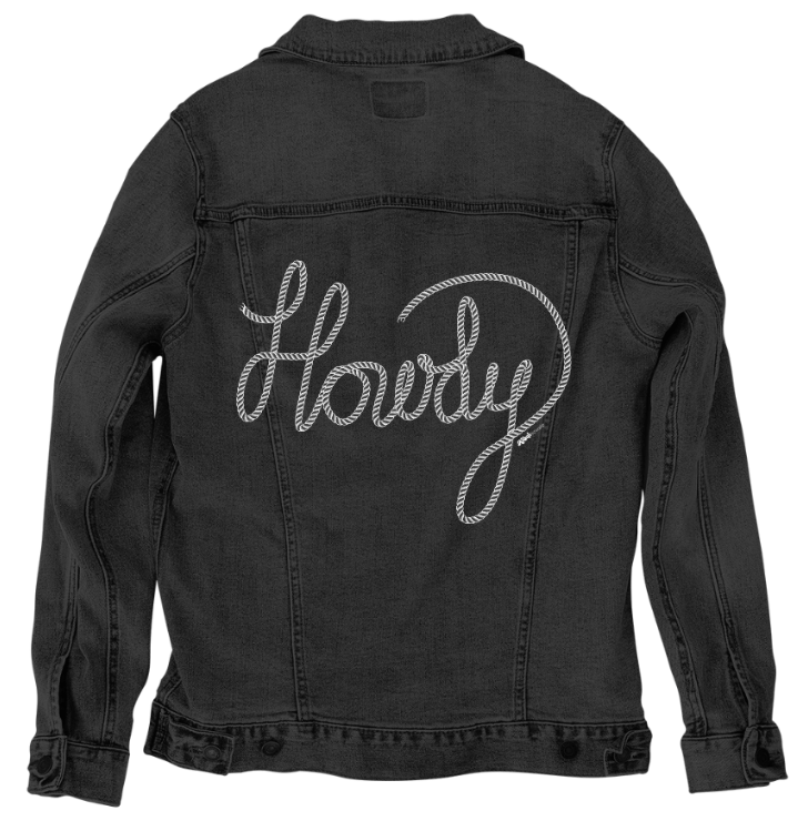HOWDY TEXT by KITSCH AND CURATE, printed on denim jackets and other denim products: tote bags, throw pillows, table place mats, aprons