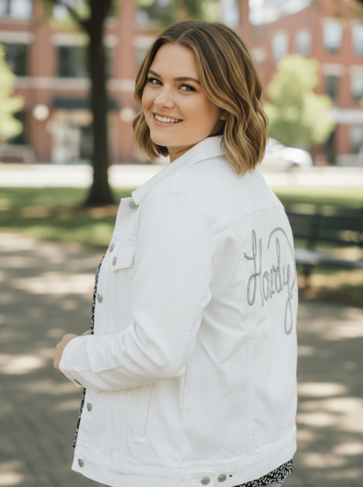 HOWDY TEXT by KITSCH AND CURATE, printed on denim jackets and other denim products: tote bags, throw pillows, table place mats, aprons