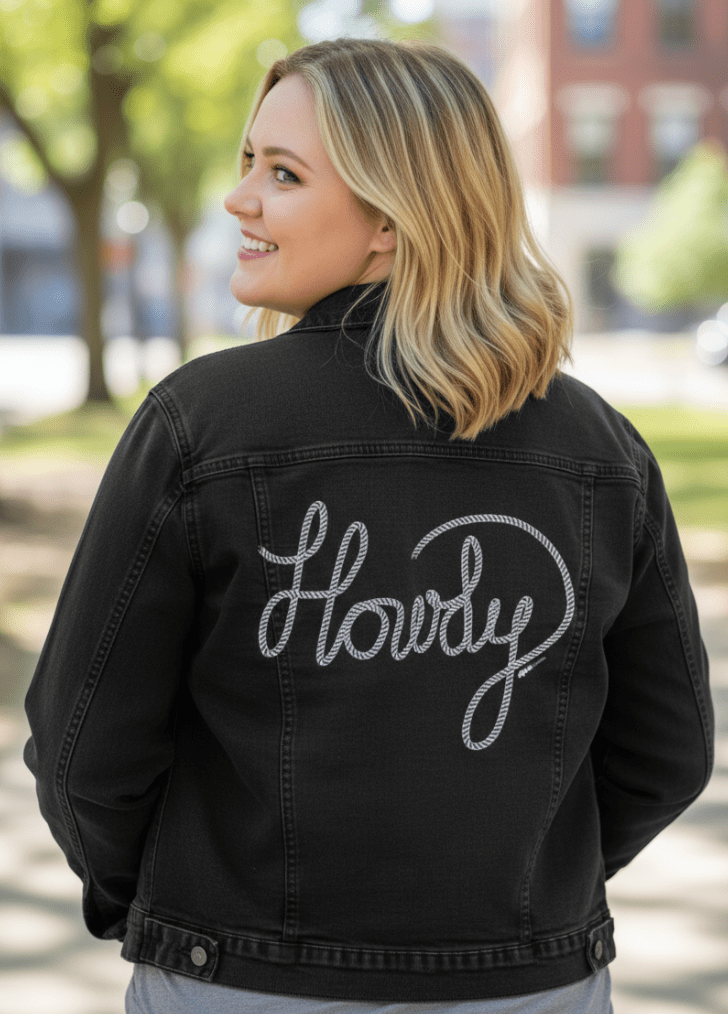 HOWDY TEXT by KITSCH AND CURATE, printed on denim jackets and other denim products: tote bags, throw pillows, table place mats, aprons