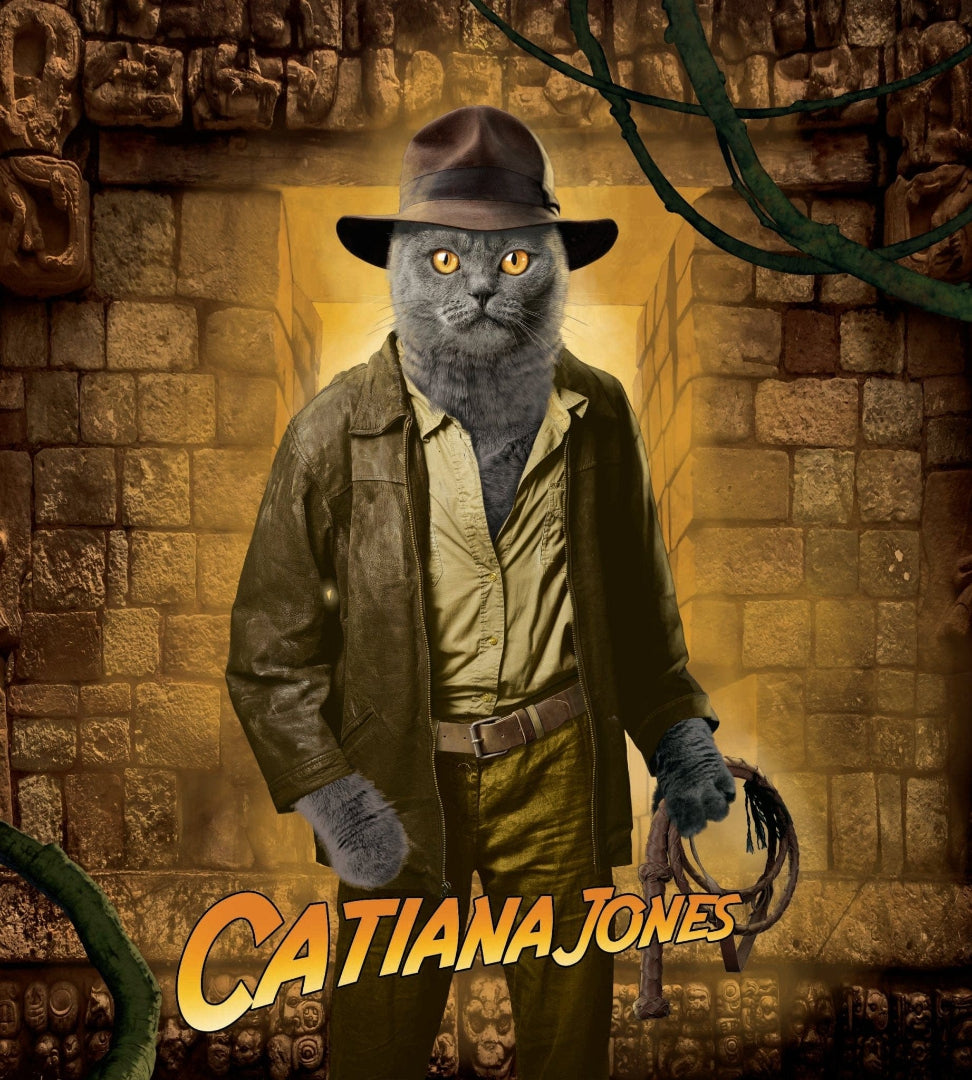 INDIANA JONES CAT by VINCENT HIE, printed on denim jackets and other denim products: tote bags, throw pillows, table place mats, aprons