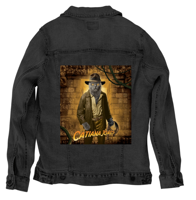 INDIANA JONES CAT by VINCENT HIE, printed on denim jackets and other denim products: tote bags, throw pillows, table place mats, aprons
