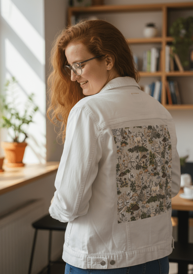 back view of a model wearing a white denim jacket in a sunlit studio, printed with a forest scene of softly drawn deer, rabbits, owls, squirrels & hedgehogs. the artwork “INTO THE WOODS” by Cecilia Battaini is digitally printed on the jacket’s back panel by DenimINK.