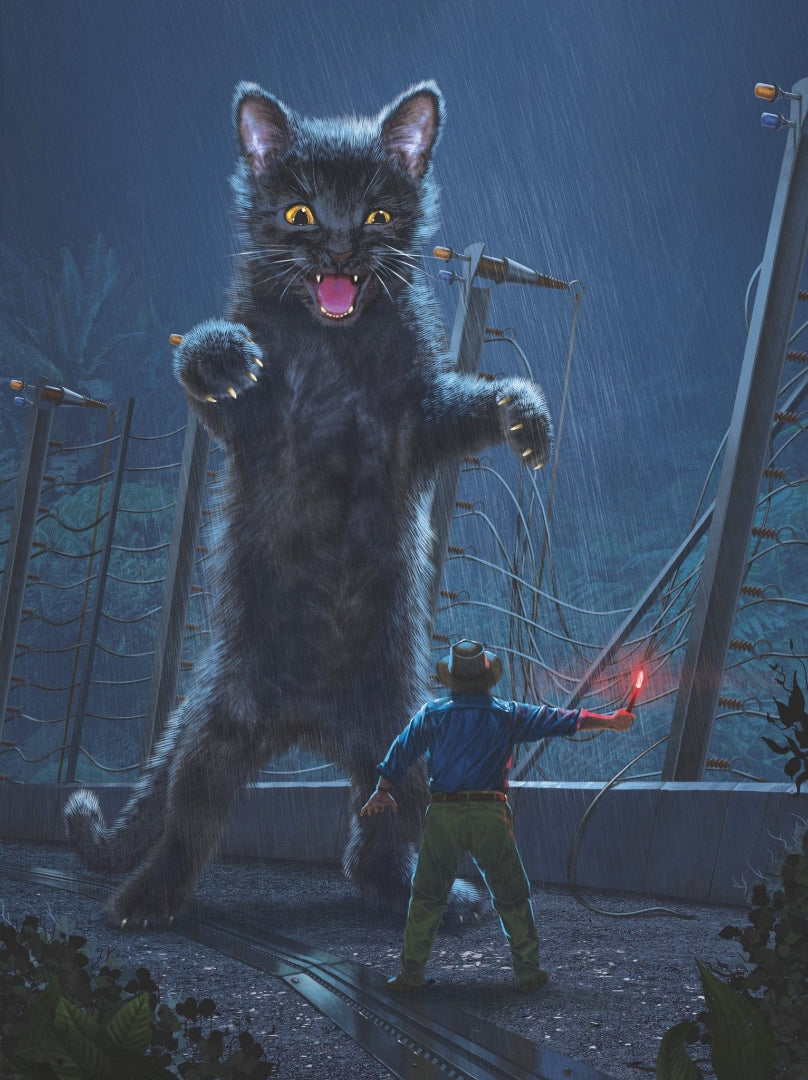 JURASSIC KITTY by VINCENT HIE, printed on denim jackets and other denim products: tote bags, throw pillows, table place mats, aprons