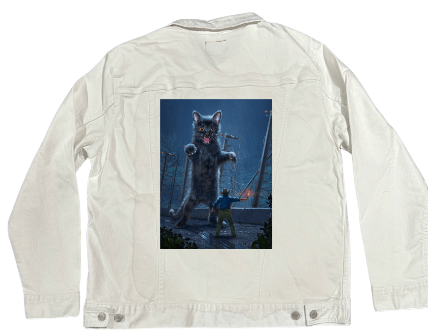 JURASSIC KITTY by VINCENT HIE, printed on denim jackets and other denim products: tote bags, throw pillows, table place mats, aprons