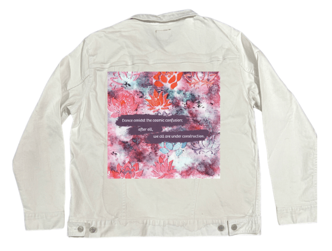 JUST DANCE by CANVAS and QUOTATIONS,printed by DenimINK on hand - crafted Denim Jackets and other denim products and other denim products: tote bags, throw pillows, table place mats, aprons custom denim jacket by DenimINK