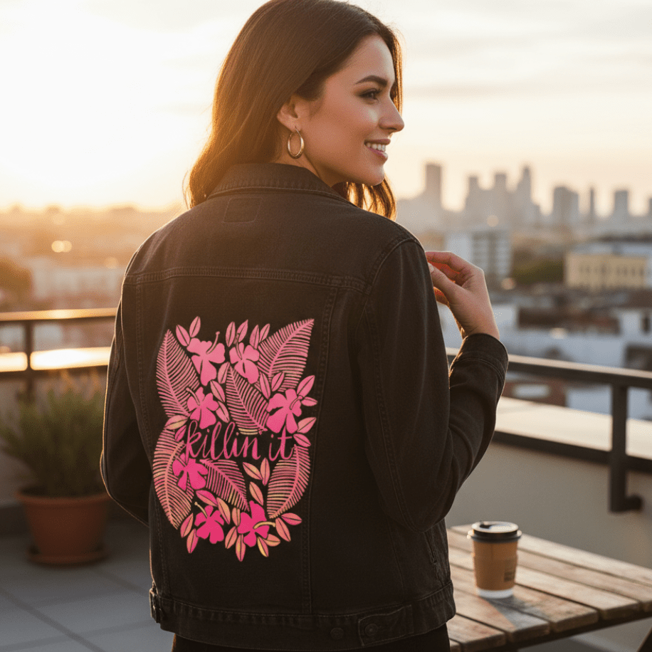 three-quarter rear view of a smiling model on a rooftop terrace at sunset, gently holding the collar of a black denim jacket printed with the “Killin’ It” artwork by CatCoq. the design features large pink ferns & flowers framing handwritten script. warm light bathes the scene as city buildings blur in the background. a coffee cup sits on the wooden table beside her. printed by DenimINK.