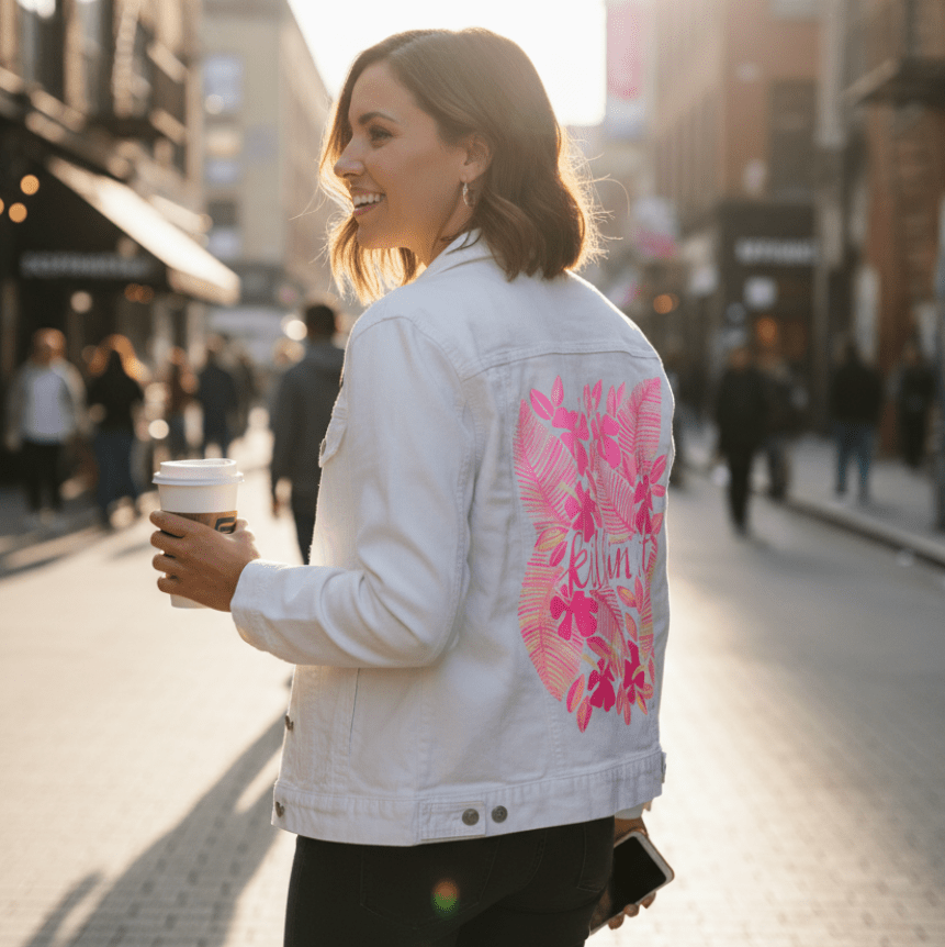 three-quarter rear view of a smiling model holding a takeaway coffee cup, standing on a busy sunlit street. she wears a white denim jacket printed with the “Killin’ It” artwork by CatCoq, featuring bold pink lettering framed by botanical ferns & flowers. sunlight glows on the sidewalk & storefronts as pedestrians blur in the background. printed by DenimINK.