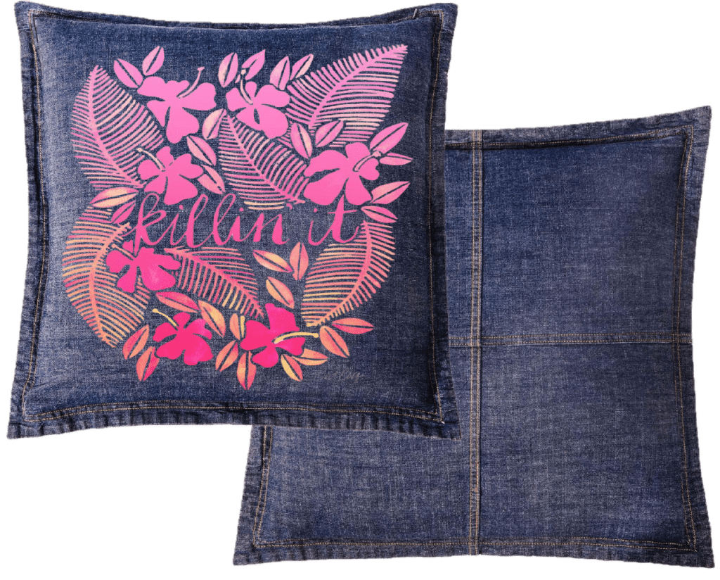 Denim pillow with pink floral design and 'Killin' It' text on a white background. killin-it-catcoq-throw-pillow-WIDE-mockup