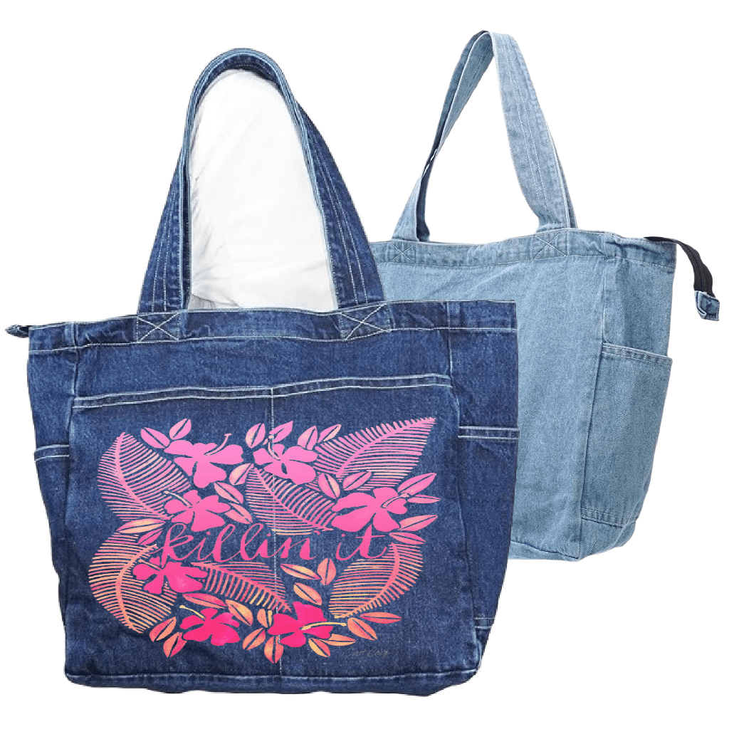 Denim tote bag with floral design and text on a white background. killin-it-catcoq-tote_bag-WIDE-mockup