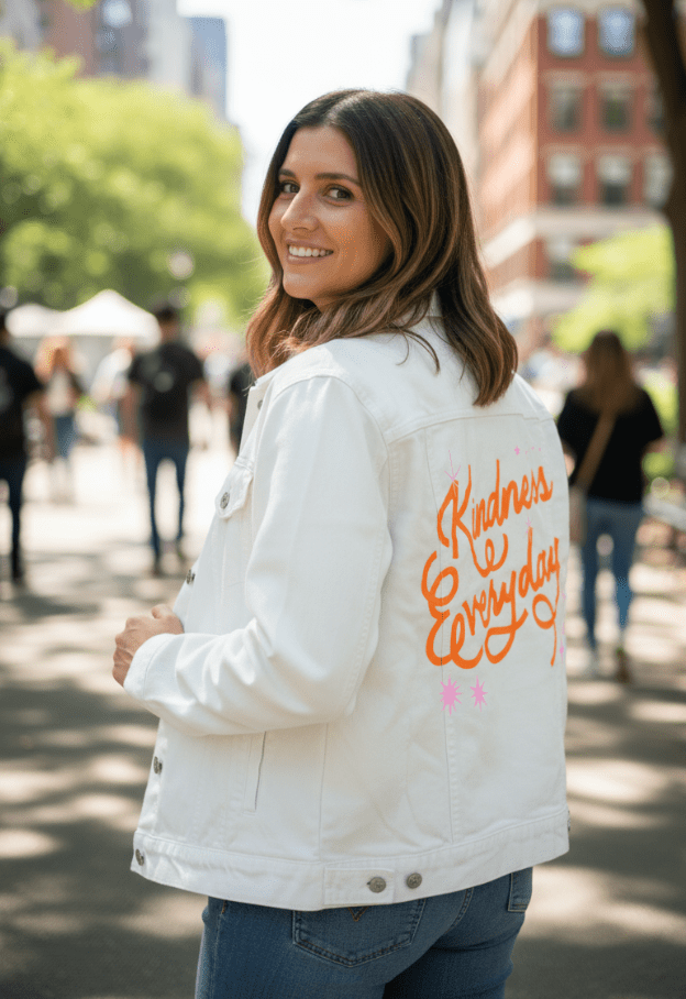 KINDNESS EVERYDAY by IndySign, printed on denim jackets and other denim products: tote bags, throw pillows, table place mats, aprons