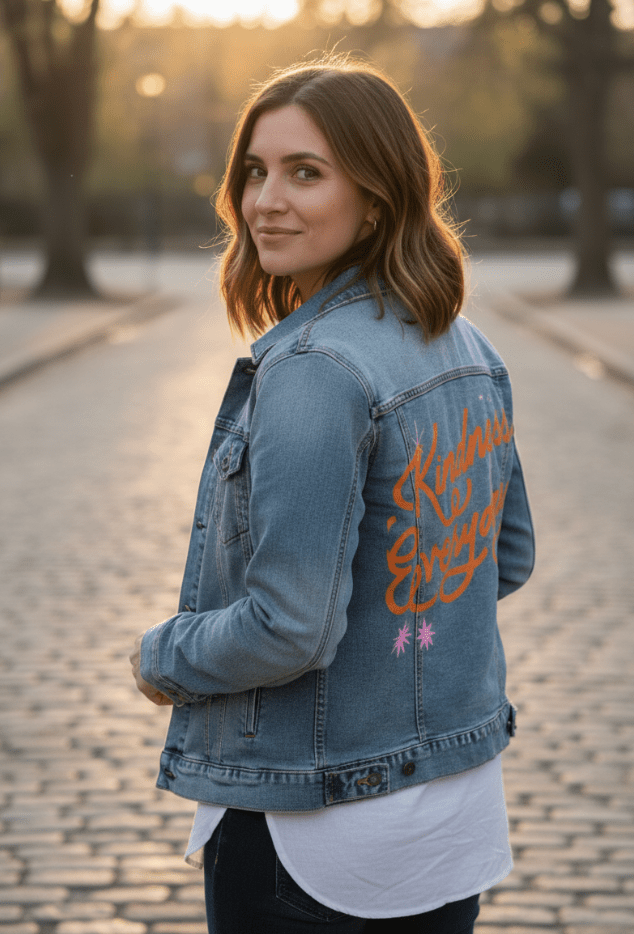 KINDNESS EVERYDAY by IndySign, printed on denim jackets and other denim products: tote bags, throw pillows, table place mats, aprons