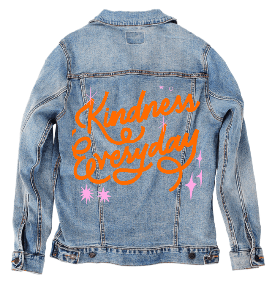 KINDNESS EVERYDAY by IndySign, printed on denim jackets and other denim products: tote bags, throw pillows, table place mats, aprons