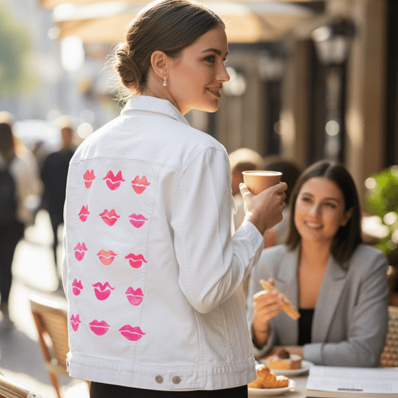 rear side view of a model holding a coffee cup while talking with friends at an outdoor café. they wear a white denim jacket printed with the “Kiss Collection” by CatCoq. the artwork features fifteen stylized watercolor lips in varying shades of pink & coral, arranged in tidy rows. soft sunlight illuminates the bright white fabric, emphasizing the color vibrancy. printed by DenimINK.