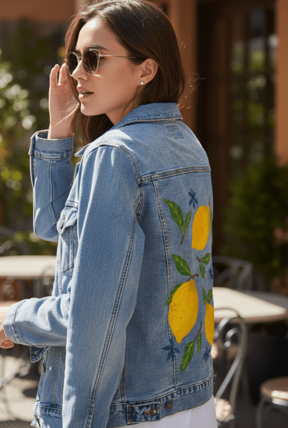 LEMONS by thearticsoul, printed on denim jackets and other denim products: tote bags, throw pillows, table place mats, aprons