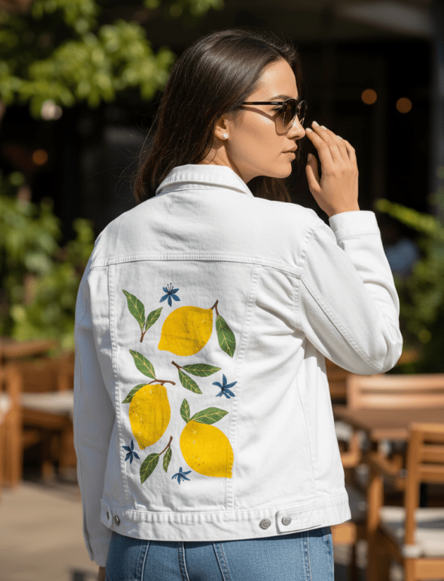 LEMONS by thearticsoul, printed on denim jackets and other denim products: tote bags, throw pillows, table place mats, aprons