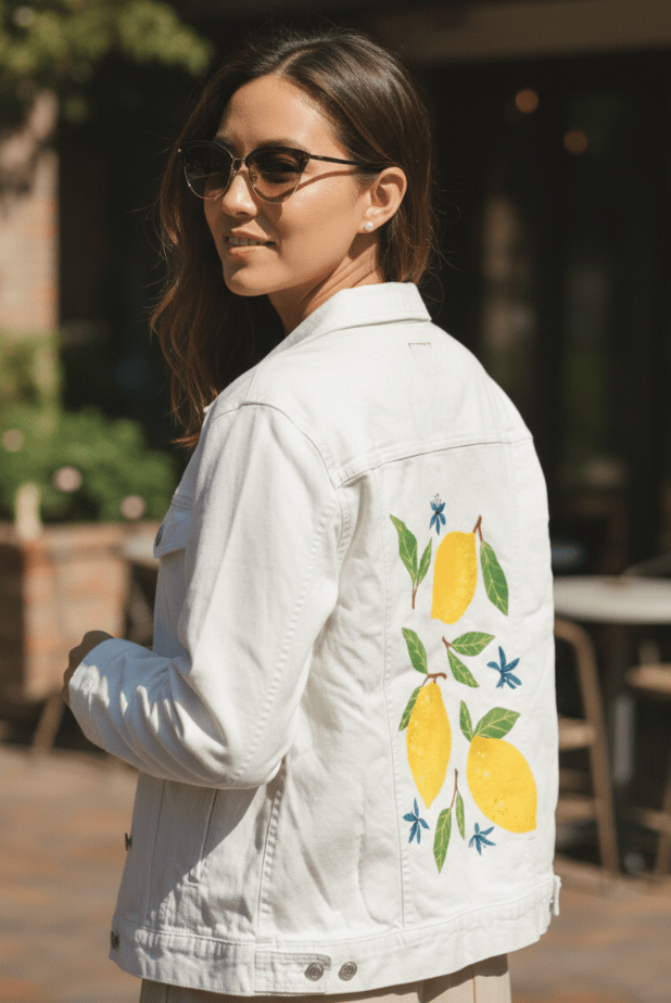 LEMONS by thearticsoul, printed on denim jackets and other denim products: tote bags, throw pillows, table place mats, aprons