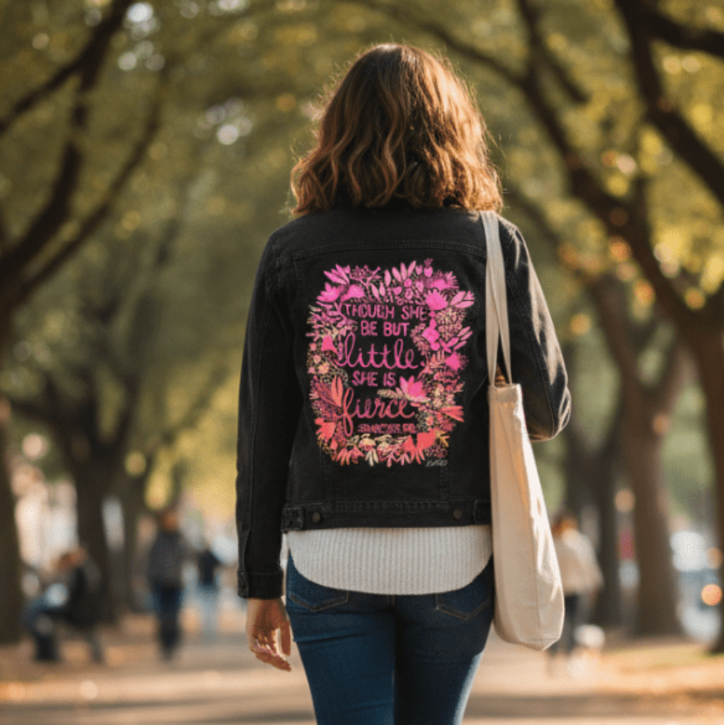 back view of a model walking under arching trees on a quiet path, wearing a black denim jacket printed with the “Little & Fierce” artwork by CatCoq. the quote appears in gold script surrounded by a lush oval wreath of coral, blush & teal watercolor flowers. the model carries a canvas tote bag & wears boots & jeans. dappled sunlight filters through the leaves. printed by DenimINK.