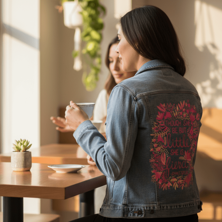 three-quarter rear view of a model seated at a window-side café table holding a ceramic cup of tea, chatting with another person. they wear a stonewashed denim jacket printed with the “Little & Fierce” artwork by CatCoq. the quote is centered in gold script within a lush wreath of pink & coral watercolor flowers. sunlight pours through the window, lighting the botanical design. printed by DenimINK.