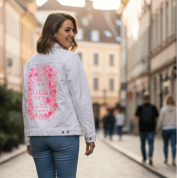 three-quarter rear view of a smiling model walking along a cobblestone street in soft afternoon light, wearing a white denim jacket printed with the “Little & Fierce” artwork by CatCoq. the design features hand-lettered text in gold surrounded by a watercolor wreath of coral & pink florals. the model looks over their shoulder while wearing light blue jeans & white sneakers. printed by DenimINK.