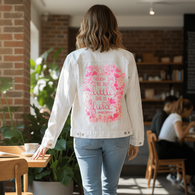 rear view of a model walking through a cozy café filled with books, plants & warm natural light. they wear a white denim jacket featuring the “Little & Fierce” quote by CatCoq, framed by a vivid pink floral wreath. the watercolor artwork is centered on the back panel, with delicate foliage surrounding the golden lettering. light glows through nearby windows. printed by DenimINK.
